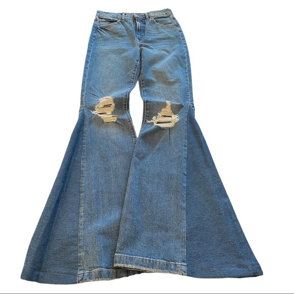 Reworked Bell Bottom High Rise Wide Leg Flare Stretch Distressed Jeans TALL - Picture 1 of 7